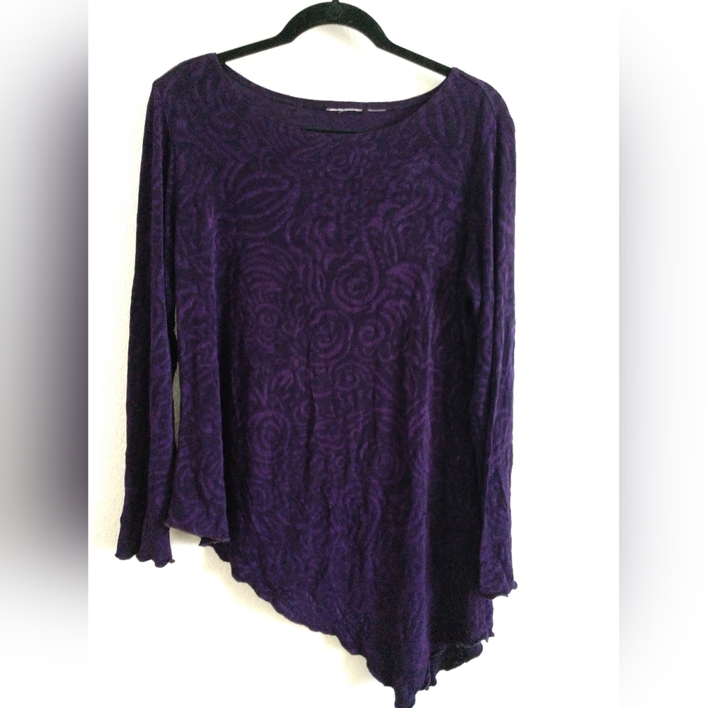 Women's Travelers Knit Shirt Top Purple Asymmetrical Lettuce Hem Lagenlook MED